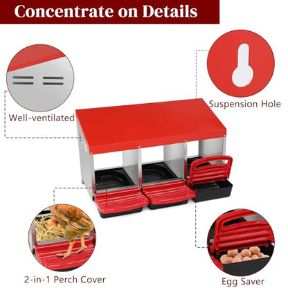 Chicken Nesting Boxes Plastic with Roll Away Egg,3 Compartment Roll Out Chicken Nest Box Egg Laying Box with Lid Cover,Rolling Egg Collection & Protection Chicken Coop for Up to 3 Hens,Red - color: Red, size: 31.9"L x 20.1"W x 18.5"H