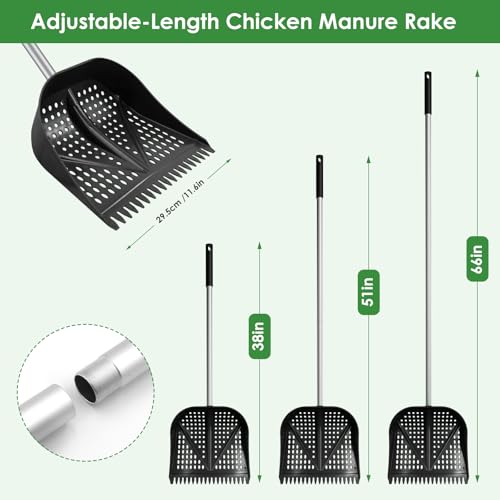 Heavy-Duty Yet Lightweight Chicken Poop Scooper & Rake 2-in-1, Adjustable Handle Length from 38" to 66", Features Manure Sifting Capability – Ideal for Chicken Coops and Farm Animal Cleaning (Black) - color: Black