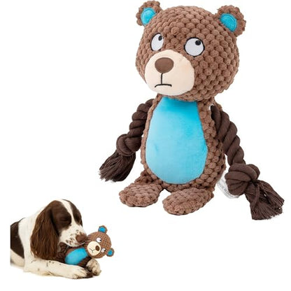 Plush Bear Dog Toy with Rope Arms, Squeaky Interactive Pet Toy, Brown and Blue, for Small & Medium Dogs - color: Brown