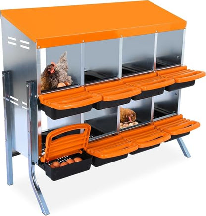 Chicken Nesting Box, 8 Hole 2 Layer Hen Nest Boxes with Legs, Roll-Away Egg Collection System with Ventilation Holes，Rustproof Plastic Tray & Keyhole Mounting, Chicken Laying Box - color: Orange, size: 8 holes with legs