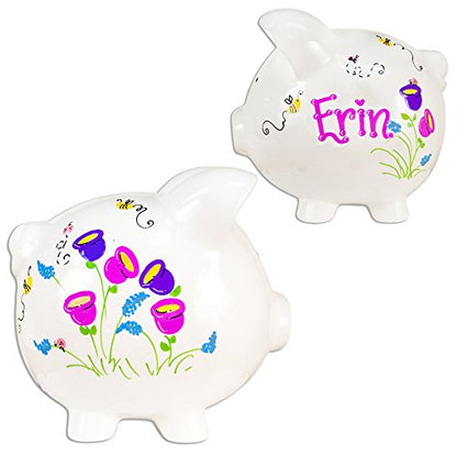 My Bambino Girl's Hand Painted Personalized Pink Ladybug Piggy Bank Large White Ceramic piggybank Baby Gift (Pink Purple Flowers) - color: Pink Purple Flowers