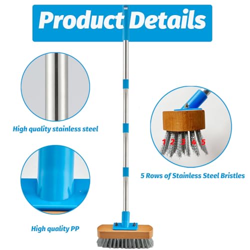 YONILL Stainless Steel Deck Scrub Brush with Long Handle - 60" Heavy Duty Floor Scrubber Brush with Pole, Moss Remover Wire Cleaning Brushes for Rough Surface, Concrete Floor, Patio, Garden, Garage - color: Blue