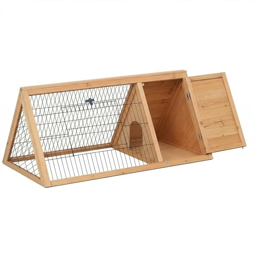 PawHut 46" x 24" Wooden A-Frame Outdoor Rabbit Hutch, Small Animal Cage, Bunny Hutch with Outside Run & Ventilating Wire, Yellow - color: Brown, size: 45.8"L x 24.5"W x 20.8"H