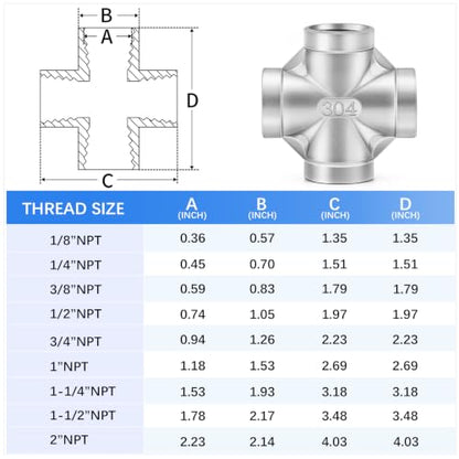 ChillWaves 304 Stainless Steel Pipe Fitting, 4 Way Cross 1/8" x 1/8" x 1/8" x 1/8" NPT Female Thread Adapter(2-PACK) - size: 1/8" NPT, style: PACK OF 2
