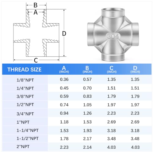 ChillWaves 304 Stainless Steel Pipe Fitting, 4 Way Cross 1/2" x 1/2" x 1/2" x 1/2" NPT Female Thread Adapter(2-PACK) - size: 1/2" NPT, style: PACK OF 2