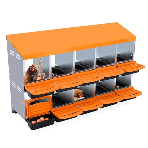 10-Hole Metal Chicken Nesting Box with Roll-Away Egg Design - Features Removable Tray & Ventilation Holes for Easy Cleaning - 2 Mounting Options for Backyard Coops - color: orange, size: 10 holes