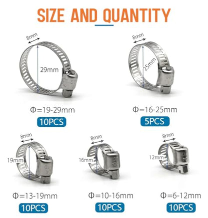 ZIPCCI Hose Clamp Assortment, 45 Pack Stainless Steel Hose Clamps Kit Worm Gear Fuel Line Pipe Clamps (1/4 in to 1-1/8 in) - size: 6-29mm (1/4-1-1/8 inch)