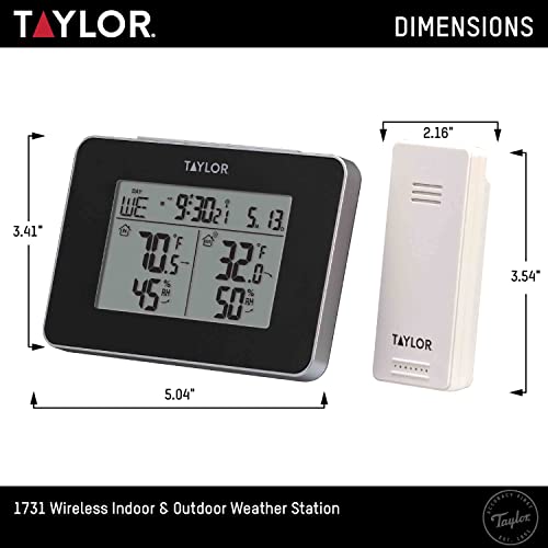 Taylor Wireless Digital Indoor Outdoor Thermometer and Hygrometer, Weather Station, Battery Powered, Alarm, Easy-to-Read Display for Home, Office, Greenhouse, Nursery, and Indoor Areas, Black