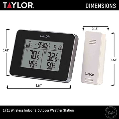 Taylor Wireless Digital Indoor Outdoor Thermometer and Hygrometer, Weather Station, Battery Powered, Alarm, Easy-to-Read Display for Home, Office, Greenhouse, Nursery, and Indoor Areas, Black