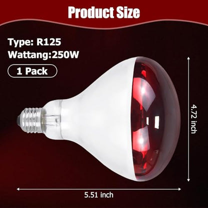 250W Infrared Heat Lamp for Chicken, Red Heat Light Bulb R125 1 Pack, Heat Lamp Bulb for Chick Croop, Reptiles, Pets, Food - size: 1PCS