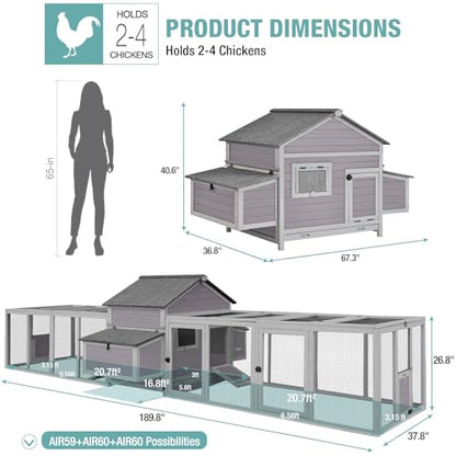 Outdoor Chicken Coop with 2 Large Nesting Boxes, Wooden Hen House Poultry Cage with Waterproof Roof, Leakproof Pull Out Tray,Rabbit Hutch Duck Cage - color: Grey, size: 67.3"L x 36.8"W x 40.6"H