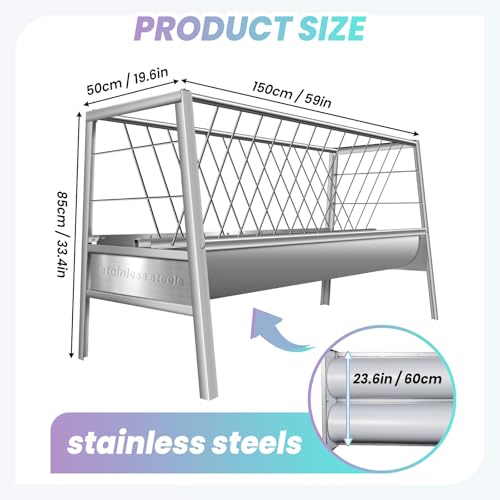 Pasture Feeder, Heavy Duty 77 Gallon Goat Hay Feeders, Stainless Steel Hay Feeder for Horses 59”, Easy Assembly for Goats, Sheep, and Horses, Ideal for Farm Use (Silver Stainless Steel)
