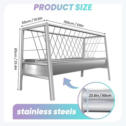 Pasture Feeder, Heavy Duty 77 Gallon Goat Hay Feeders, Stainless Steel Hay Feeder for Horses 59”, Easy Assembly for Goats, Sheep, and Horses, Ideal for Farm Use (Silver Stainless Steel)