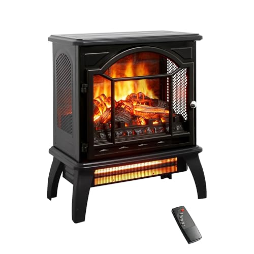 18" Electric Fireplace Heater, Freestanding Fireplace with Realistic Flame, Remote, Timer, Adjustable Thermostat, Brightness, 1500W, Black - size: 18" (w/Brick Wall Background)
