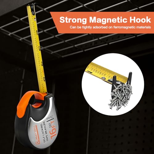Tape Measure 16ft/5m Self-Locking, Retractable Tape Measure with Fractions, Imperial/Metric Scale, Magnetic Hooks, Rubber + Stainless Steel Case for Home, Construction & DIY (16ft self-Locking) - size: 16ft self-locking