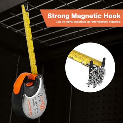 Tape Measure 16ft/5m Self-Locking, Retractable Tape Measure with Fractions, Imperial/Metric Scale, Magnetic Hooks, Rubber + Stainless Steel Case for Home, Construction & DIY (16ft self-Locking) - size: 16ft self-locking