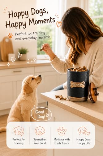 Miamolo Dog Treat Container Jar, Ceramic Airtight Dog Food Storage Container with Lid and Handle, Dog Treats Cookie Snack Jar Canister for Kitchen Counter, Gift for Dog Owners, Bone Glinting Black - color: Bone Glinting Black