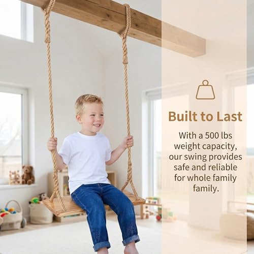 Hanging Wooden Swing, Seat 19.7"x 5.1"× 1.2", Tree Swings for Adults and Kids Outdoor, Adjustable Hemp Rope Plus Tree Straps 80 inch, Kids Indoor Swing with 500lb,Indoor Swing for Adults