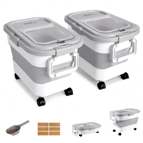 2-Pack Wood Pellet Storage Containers, 20-25lbs Airtight Bins w/Clear Window | Collapsible Pellet Bucket with Wheels & Locking Lid; Foldable Container with Scoop & Labels; Gray - color: Gray-M-2 Pack