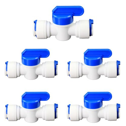 3/8" x 3/8" Push-Fit Globe Valve for RO System, 5 Pcs | Quick ball valve switch connects 3/8" to 3/8" for reverse osmosis RODI water filters & purification systems. Plastic push-fit - style: 3/8 quick connect ball valve