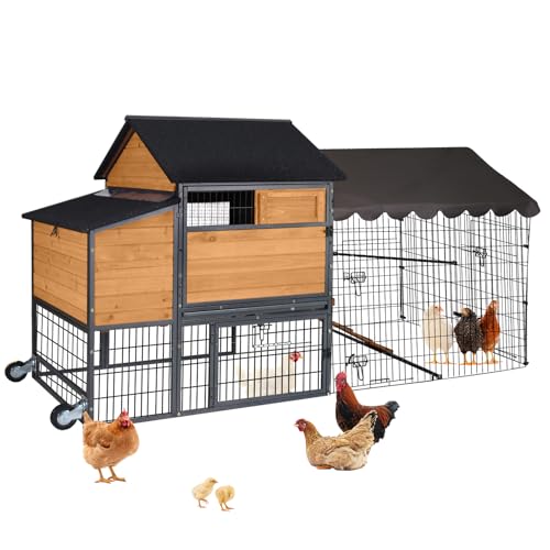 85.6" Chicken Coop with Wheels and Large Run, Heavy Duty Metal Frame Wooden Hen House for 4-6 Chickens, Mobile Poultry Cage with 3 Nesting Boxes, Waterproof Asphalt Roof & Anti-Predator Locks - color: Orange