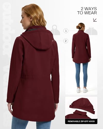Outdoor Ventures Women's Softshell Jacket with Removable Hood Fleece Lined Windbreaker Insulated Long Warm Rain Jacket - color: Wine, size: Medium