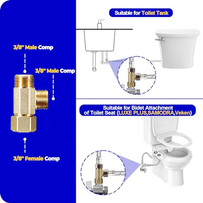 Add-A-Tee, Lead-Free Angle Stop Valve 3/8" Compression Inlet x 3/8" Outlet, Brass Extender Tee Connector with Built-in Sealing Gasket for Faucet, Glass Rinser, Dishwasher, Toilet Tank - size: 3/8 Comp-3/8 Comp-3/8 Comp Tee(1Pcs)