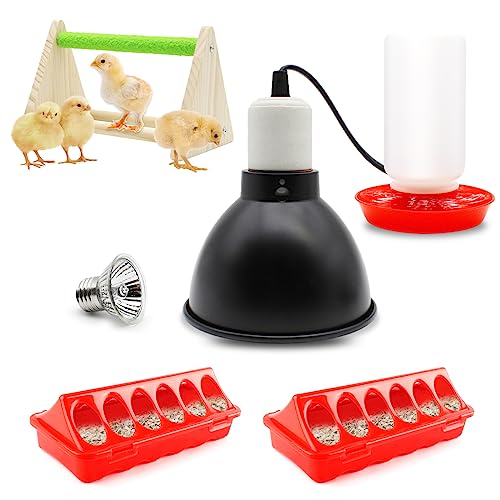 Chick Feeder and Waterer Kit with 75W Heat Lamp, Chick Perch, Flip Top Poultry Feeder, Baby Chick Starter Kit for Chick Brooder, Baby Chicken Supplies for Baby Chick, Duck and Quail - color: Chick Feeder and Waterer Kit With 75w Heat Lamp