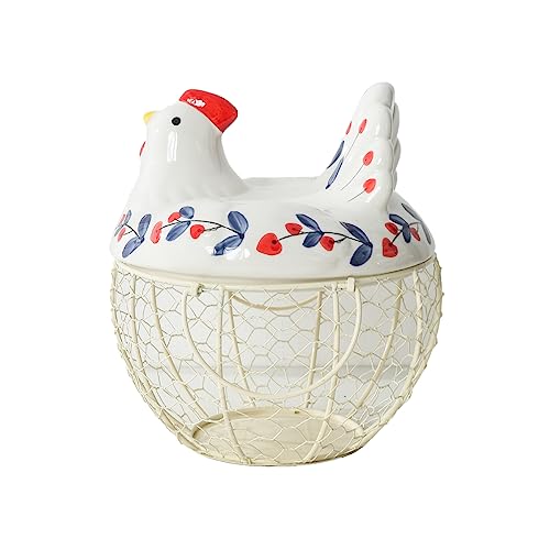oskas Chicken Egg Holder, Fresh Egg Storage Basket Countertop,Decorative Ceramic Lid with Wire Basket,Holds 2 Dozen Egg, White3 - color: cherry with white basket