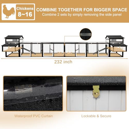 PetsCosset 116" L Large Chicken Coop and Run, Hen House with 4 Nesting Box Boxes, Rabbit Hutch Poultry Bunny Cage for 4-6 Chickens with 4 Perches, Removable Tray and Ramp and UV-Resistant Roof Panel - color: Black White