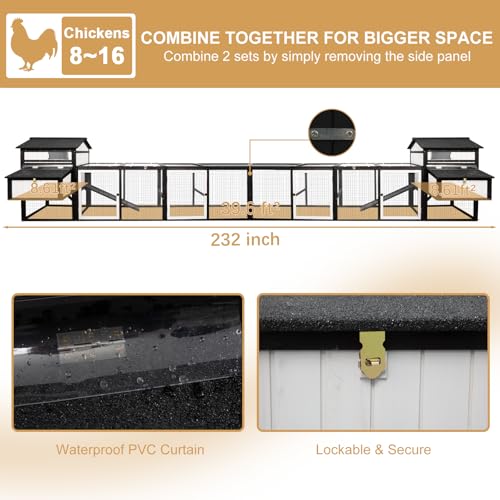 PetsCosset 116" L Large Chicken Coop and Run, Hen House with 4 Nesting Box Boxes, Rabbit Hutch Poultry Bunny Cage for 4-6 Chickens with 4 Perches, Removable Tray and Ramp and UV-Resistant Roof Panel - color: Black White