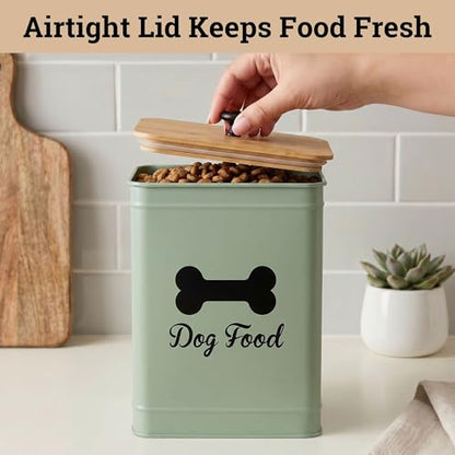 Dog Food Container Airtight Bamboo Lid 5-7 lb, 25 Cups, Sturdy Metal Handle | Pet Jar For Dogs up to 50lbs, Airtight Bamboo Lid, Sturdy Comfortable Metal Handle, Powder Coated Iron, Kibble Storage Bin - color: Sage Green