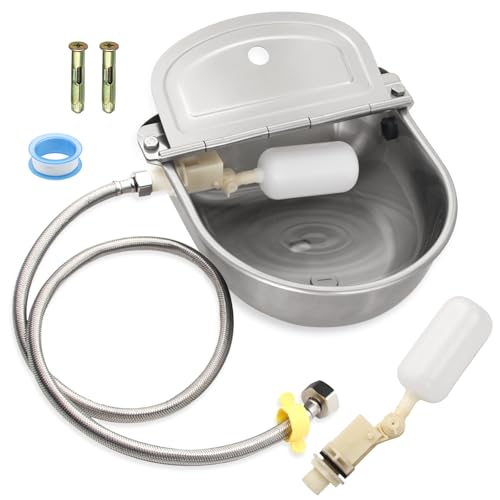 Automatic Livestock Water Bowl Float Valve Self-Filling Dog Goat Chicken | 304 Stainless Steel Animal Waterer Auto Refill, Horse Pig Cow Sheep Cat, Drainage, 3/4" GHT Hose & Mounting Bolts, Farm Ranch