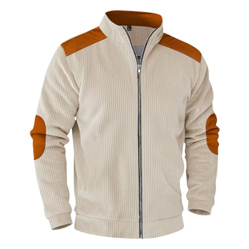 Mens Zip Up Stand Collar Jacket 2025 New Fall Jacket Color Block Long Sleeve Loose Fit Leisure Coat with Elbow Patch - color: Color02, size: X-Large
