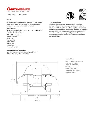 CAPTIVE-AIRE Direct Drive Centrifugal Downblast Roof Mounted Exhaust Fan with Speed Control- 24.75" Fan Base, 0.75 HP 115 Volt Single Phase Motor (DR-85HFA) - size: DR-85HFA.