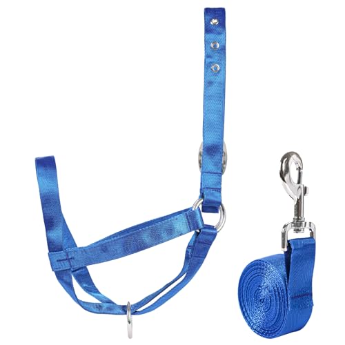 Cow Halter Cattle Halters Adjustable Calf Halter with Leading Rope for Horse Donkey Goat Nylon Cattle Training Supplies Blue M - color: Blue, size: M