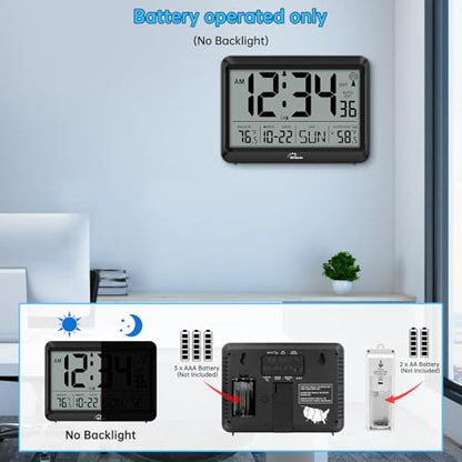 WallarGe Atomic Clock with Indoor Outdoor Temperature - 8.5'' Digital Clock Battery Operated, Self-Setting, 4 Time Zones, DST - size: 8.5 INCH