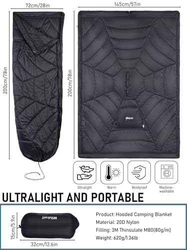 WildCall Hooded Camping Blanket with 3M Thinsulate Insulation Wearable Poncho Blanket Ultralight Foldable Quilt Sleeping Bag for Outdoor, Hiking, Stadium - color: Black