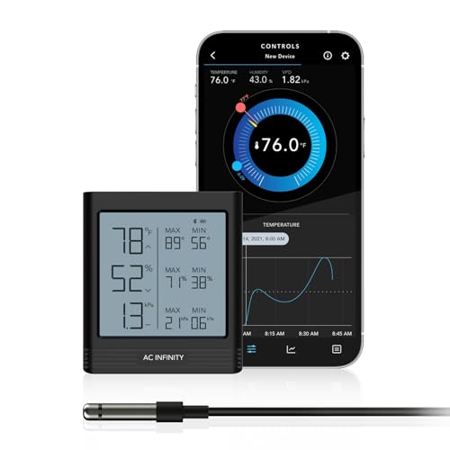 AC Infinity Temperature Humidity VPD Smart Hygrometer B1 with LCD Display & Bluetooth App Monitor, Climate Gauge Thermometer Sensor Probe for Basements, Guitar Rooms, Grow Tents, Greenhouses - style: Ranged Sensor