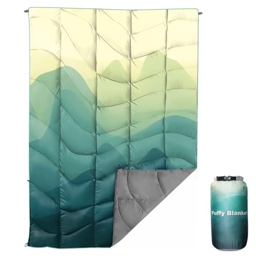 Outdoor Puffy Camping Blanket, Lightweight Down Alternative Printed Large Ultra Warm Quilt Waterproof for Traveling Picnic Beach Party Cold Weather (Green Mountain) - color: Green Mountain