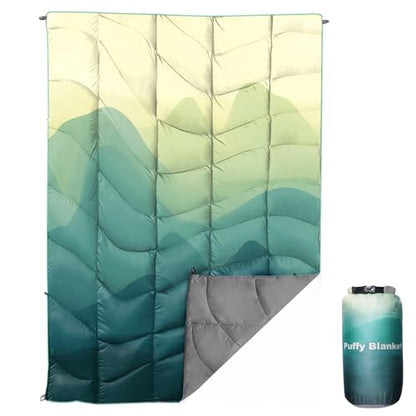 Outdoor Puffy Camping Blanket, Lightweight Down Alternative Printed Large Ultra Warm Quilt Waterproof for Traveling Picnic Beach Party Cold Weather (Green Mountain) - color: Green Mountain