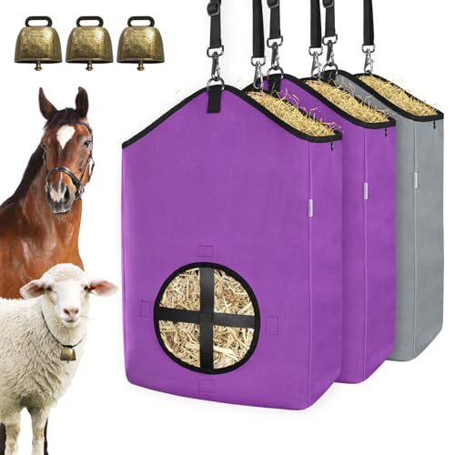 3 PCS Goat Hay Feeder,Hay Bags for Horses,Goats,Donkeys with Reinforced Oxford Fabric and High Strength Metal Clasp,Horse Feeding Supplies with Adjustable Strap for Easy Hanging (2Purple+1Grey) - color: 2Purple+1Grey