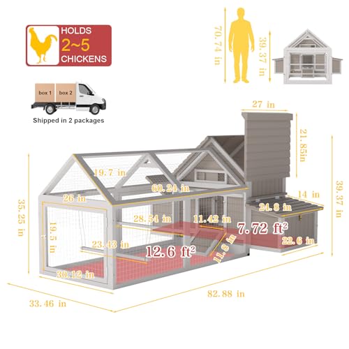 83" L Large Chicken Coop and Run, Hen House with 4 Nesting Box Boxes, Rabbit Hutch Poultry Bunny Cage for 2-5 Chickens with 4 Perches, Removable Tray and Ramp
