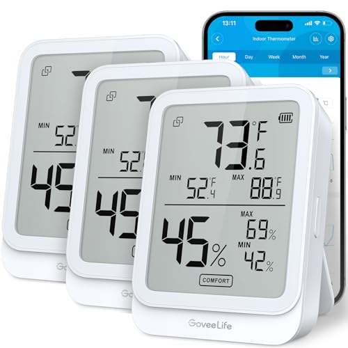 GoveeLife Hygrometer Thermometer H5104 3Pack, Bluetooth Room Temperature Monitor with APP Alert and 2 Years Date Storage Export, Remote LCD Digital Hygrometer Indoor Humidity Meter, Greenhouse - color: White, size: 3Pack