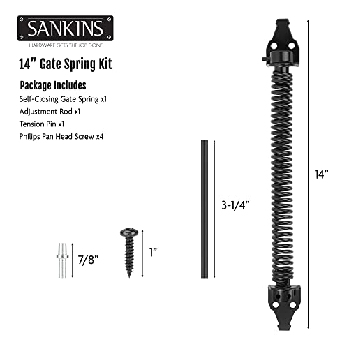 14" Gate Spring Self Closing Heavy Duty Outdoor Door Spring Automatic Metal Gate Closure Hardware with Adjustable Tool for Wooden and Vinyl Fence, Black