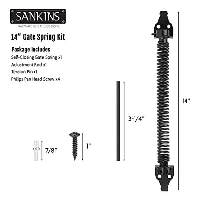 14" Gate Spring Self Closing Heavy Duty Outdoor Door Spring Automatic Metal Gate Closure Hardware with Adjustable Tool for Wooden and Vinyl Fence, Black