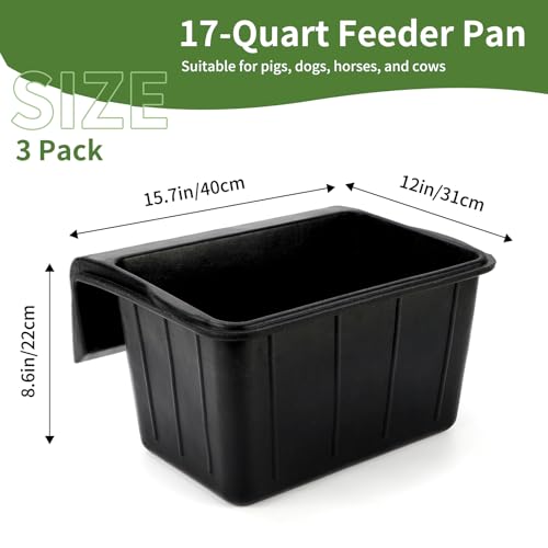 3 Pack 17 Quart Rubber Horse Feed Bucket Heavy Duty Plastic Hay Feeder for Stall Fence Pasture Stable Mountable Cattle Sheep Cow Feeding Pan with Hook for Easy Hanging Black