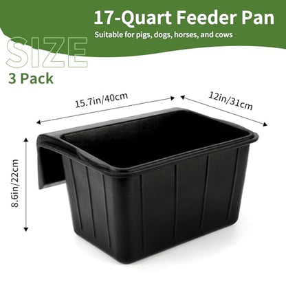 3 Pack 17 Quart Rubber Horse Feed Bucket Heavy Duty Plastic Hay Feeder for Stall Fence Pasture Stable Mountable Cattle Sheep Cow Feeding Pan with Hook for Easy Hanging Black