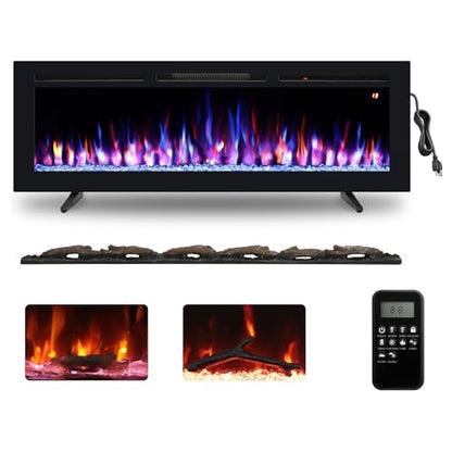 54" Electric Fireplace, Recessed, Wall Mounted and Freestanding Fireplace Heater, Adjustable Flame Color, Speed & Brightness, Thermostat, 9H Timer, Child Lock - size: 54"
