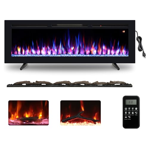 54" Electric Fireplace, Recessed, Wall Mounted and Freestanding Fireplace Heater, Adjustable Flame Color, Speed & Brightness, Thermostat, 9H Timer, Child Lock - size: 54"
